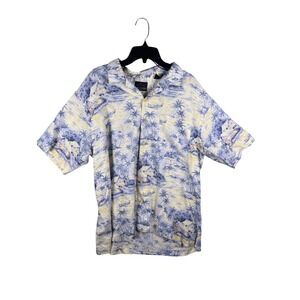 Greg Norman Collection Mens Large Blue Tropical Palm Tree Linen Rayon Camp Shirt